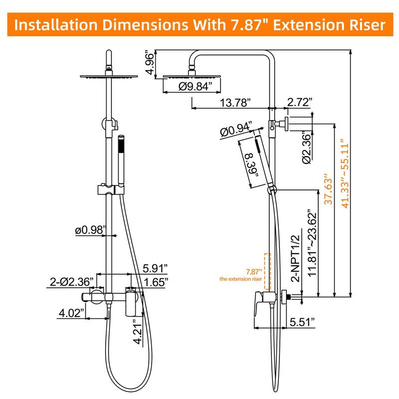 Modland Wall Mounted 3-Way Exposed Install Complete Rain Shower System with High Pressure Showerhead, Black/Gold