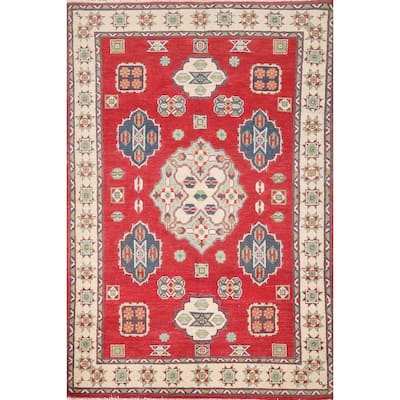 Geometric Red Kazak Accent Rug Hand-Knotted Bedroom Wool Carpet - 3'10" x 5'10"