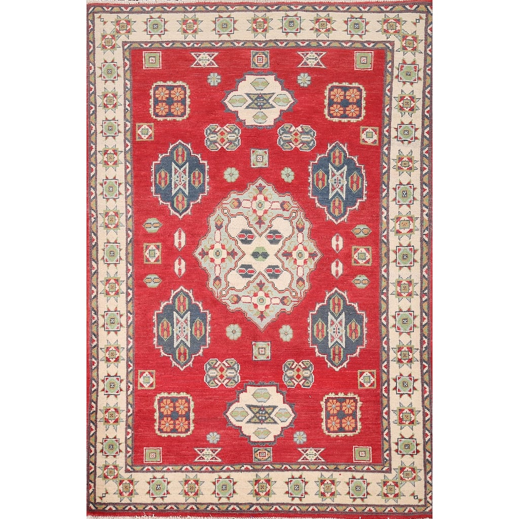 Geometric Red Kazak Accent Rug Hand-Knotted Bedroom Wool Carpet - 3'10" x 5'10"