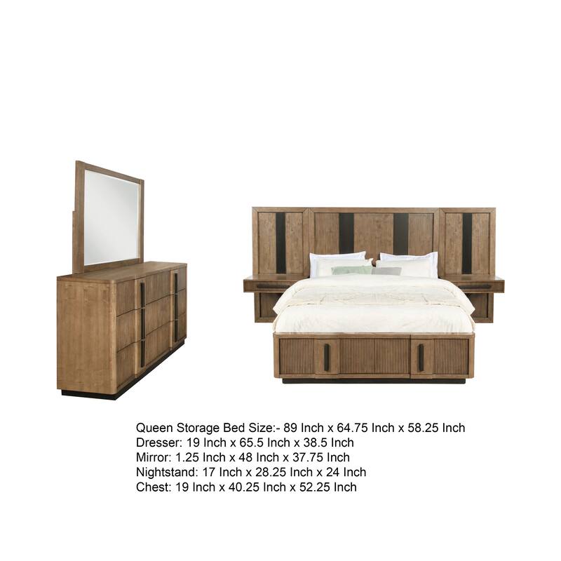 Reon 5pc Queen Storage Bedroom Set, Black, Ash Brown Fluted Wall Panel