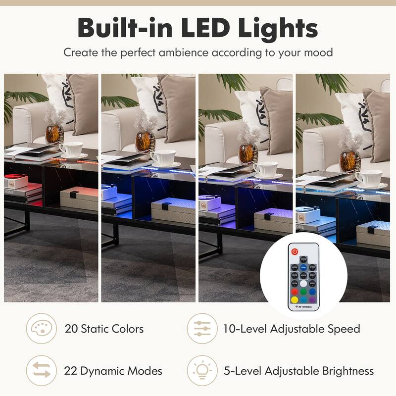 Gymax High-gloss LED Coffee Table w/ Faux Marble & Tempered Glass Top