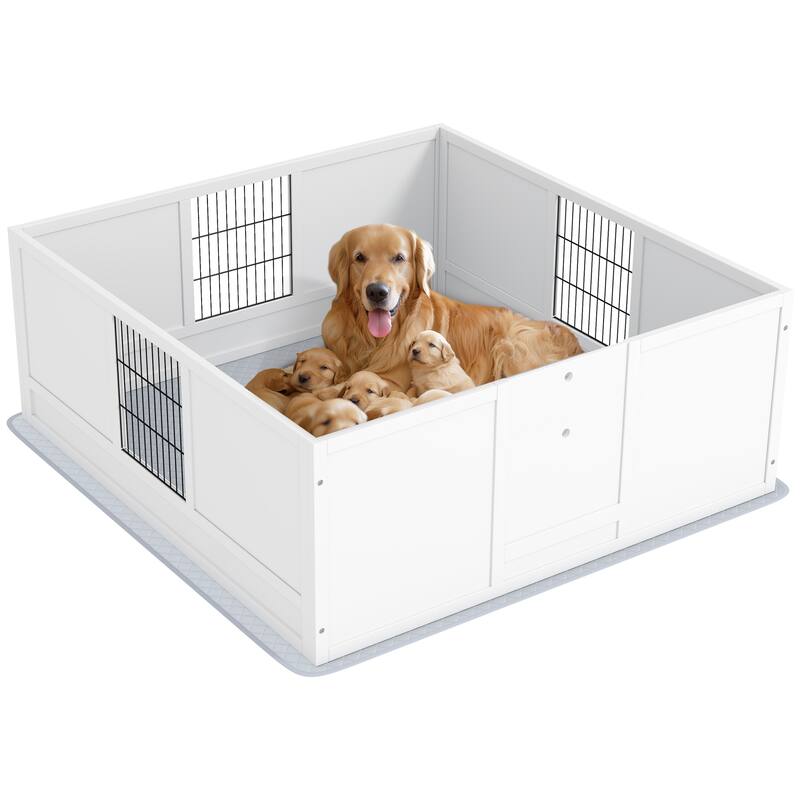 PawHut Whelping Box for Dogs and Puppies, Dog Whelping Box with Waterproof Pee Pad, Adjustable Height Door, 49" x 47" x 19" - White