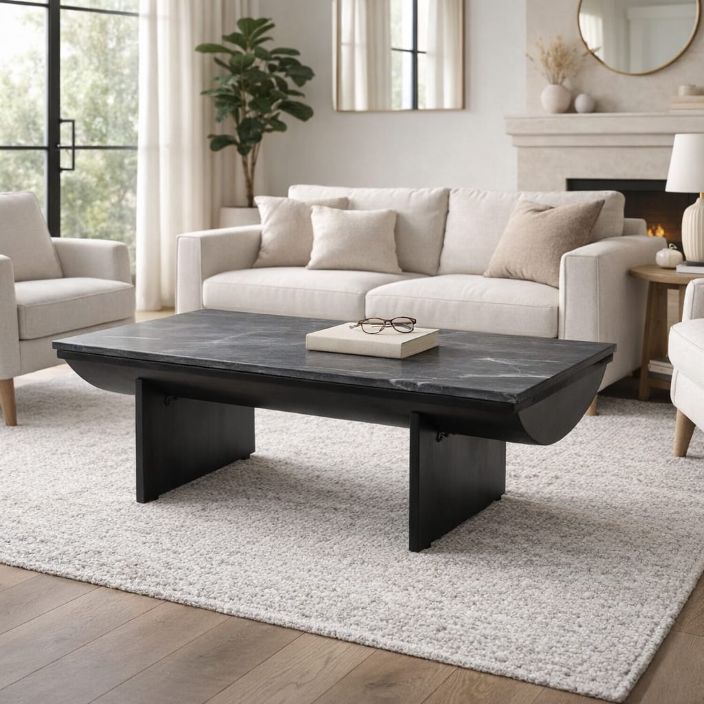 Modern Mango Wood Coffee Table with Marble Top - 46", Black & White - 46.0"