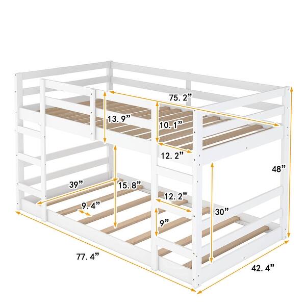 dimension image slide 2 of 3, Multi-Functional Bunk Bed with 2 Built-in Ladder, Solid Wood Bed Frame, Low Bunk Beds with Safety Guardrail for Kids Boys Girls