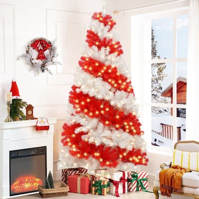 6 FT Red and White Artificial Christmas Tree Decorations with 300 LED Lights and 900 Bendable Branches
