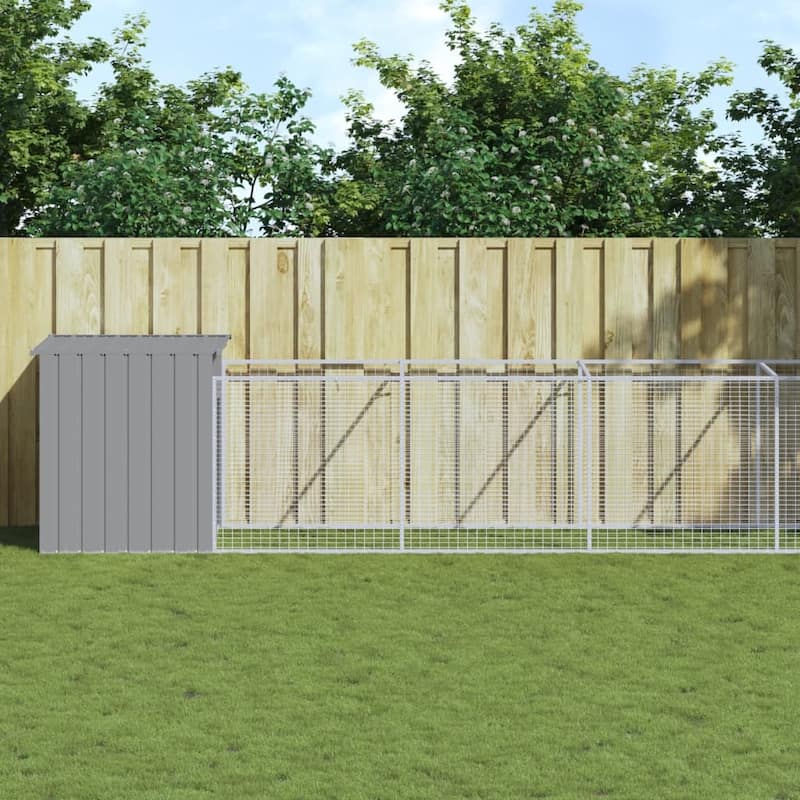 vidaXL Dog House with Run Anthracite/Light Gray multisize Galvanized Steel - 40.9" x 440.9" x 36.2" - Gray