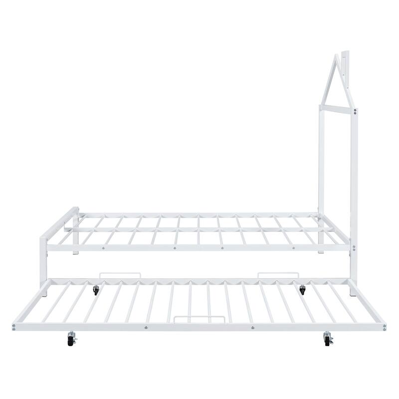 Metal Platform Bed with Twin Size Trundle,House-Shaped Headboard