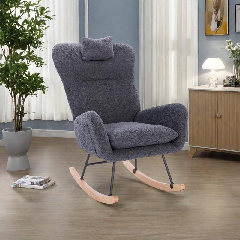 Teddy Fabric Nursery Rocking Chair with High Backrest - DARK GREY