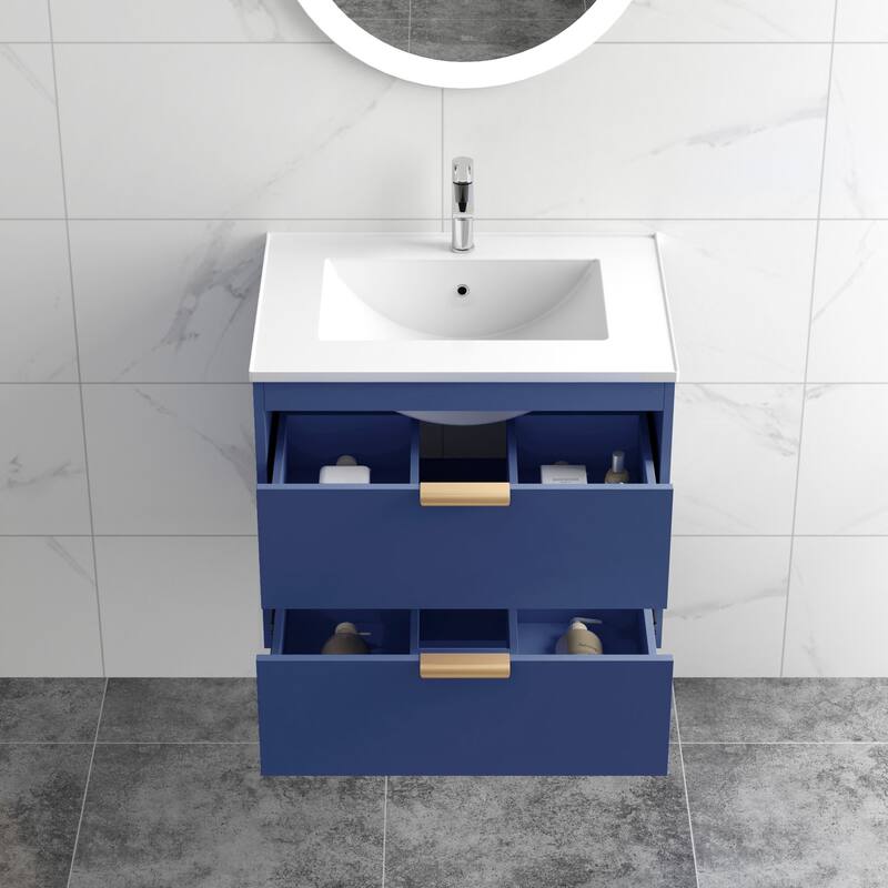 24" Floating Wall Mounted Bathroom Vanity With White Ceramic Sink And Drawer Storage