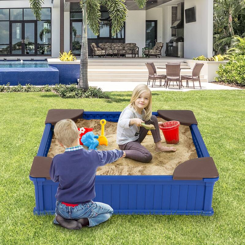 Gymax Kids Outdoor Sandbox 48.5'' x 48.5'' x 12.5'' Large HDPE Sandpit