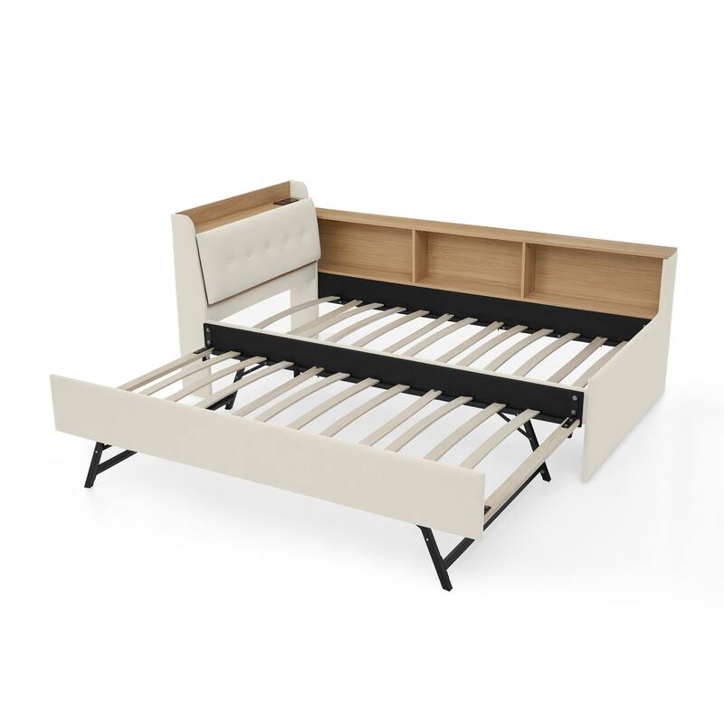 Roomfitters Twin Velvet Height Adjustable Day Bed with Storage Headboard, Wireless Charging and Trundle