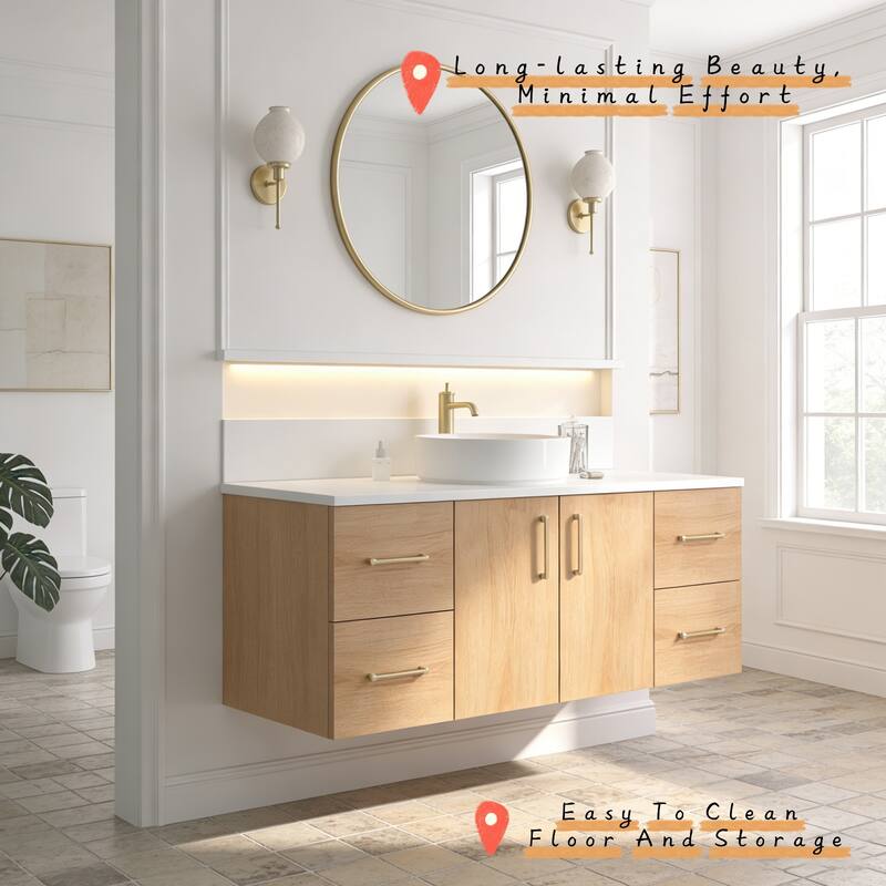 Prismella 36" 48" Floating Vanity with Round Vessel Sink, Quartz Top