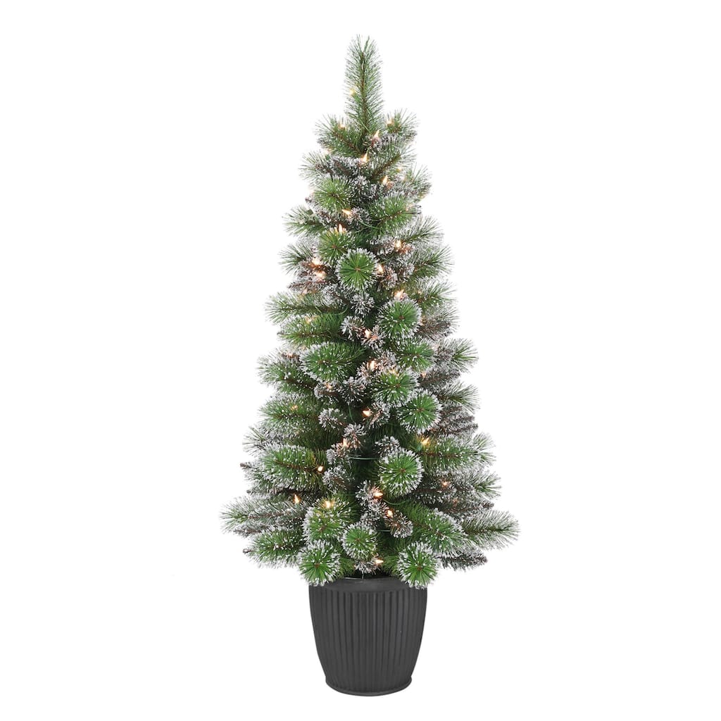Pre-lit Potted Frosted Pine Slim Artificial Christmas Tree - 4’ - Clear Lights - 4 Foot