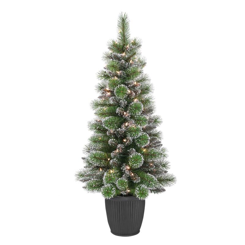 Pre-lit Potted Frosted Pine Slim Artificial Christmas Tree - 4’ - Clear Lights - 4 Foot