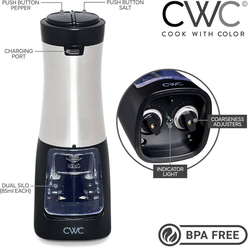 COOK WITH COLOR 2-in-1 Rechargeable Salt & Pepper Shaker - 2 Grinders for Salt and Pepper
