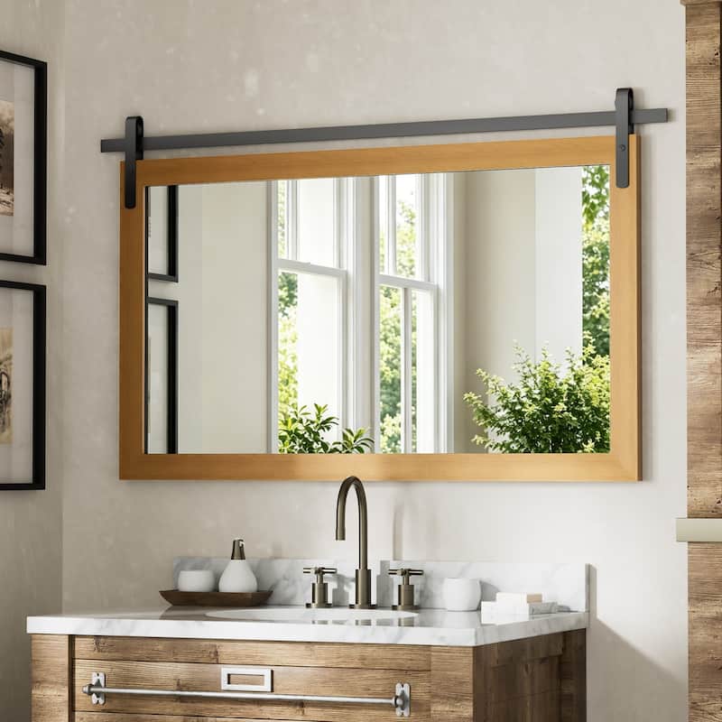 Farmhouse Barn Door Solid Wood Frame Bathroom Vanity Wall Mirror - 40W * 26H Inches - Amber Brown