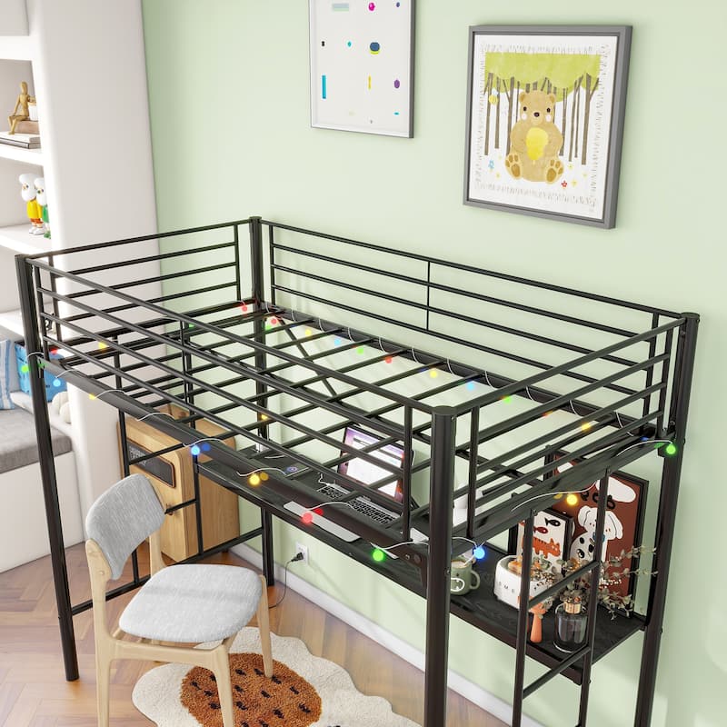 Twin Metal Loft Bed with Built-In Desk, LED Lighting, Power Outlets & USB Ports, Safety Guardrails, Dual Ladders