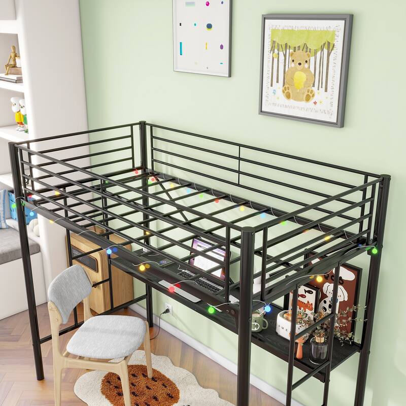 Twin Metal Loft Bed with Desk, Power Outlet, LED Lights, Safety Guard Rails, and Ladder, Black