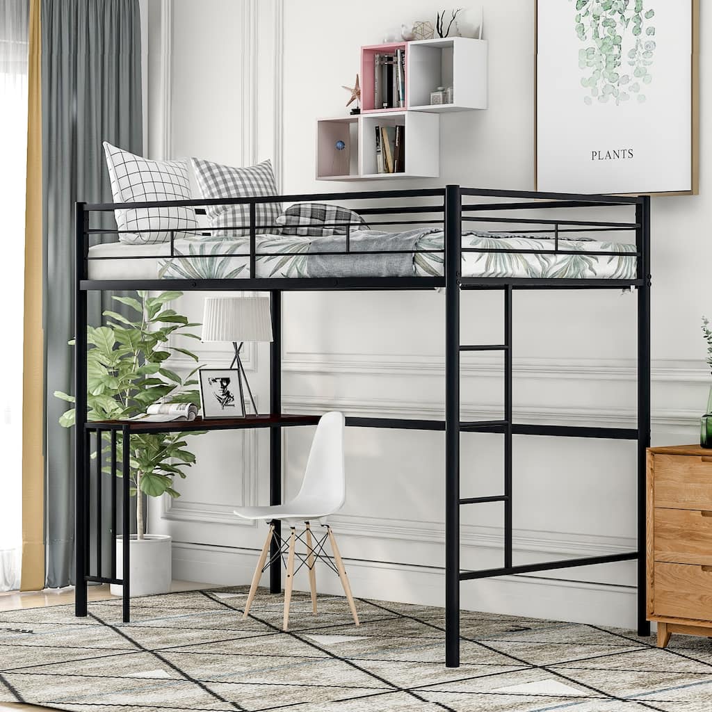 Metal Twin Loft Bed with Built-in Desk, Ladder & Guardrails - Space Saving Design for Small Bedrooms