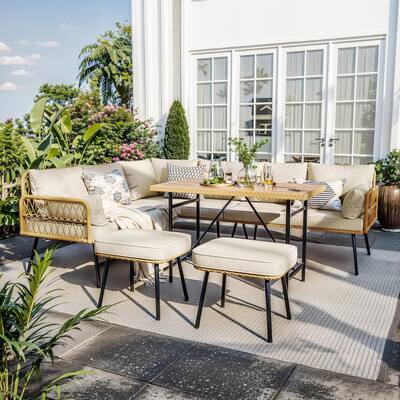 6-Piece L-Shaped Patio Wicker Conversation Sofa Set with Table for Backyard
