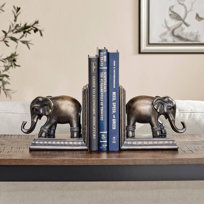 Danya B. Ornate Elephants Polyresin Bronze Patina Finish Bookend Set of 2