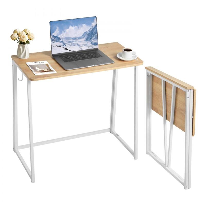 Wood Foldable Computer Desk with White Sturdy Steel Frame for Home Office and Study