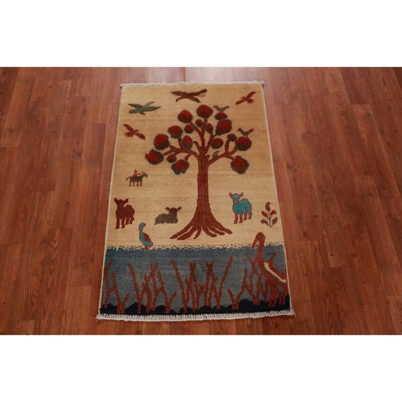 Animals Pictorial Kazak Oriental Foyer Rug Hand-Knotted Wool Carpet - 2'0"x 3'0"