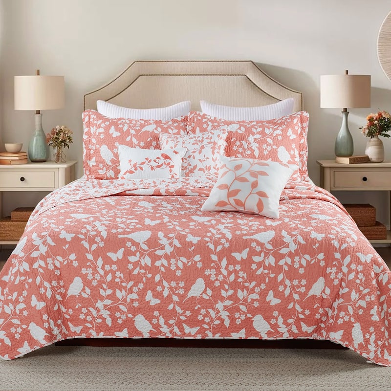 Serenta Birdsong 6-piece Quilted Bedspread Coverlet Set - Coral - Queen