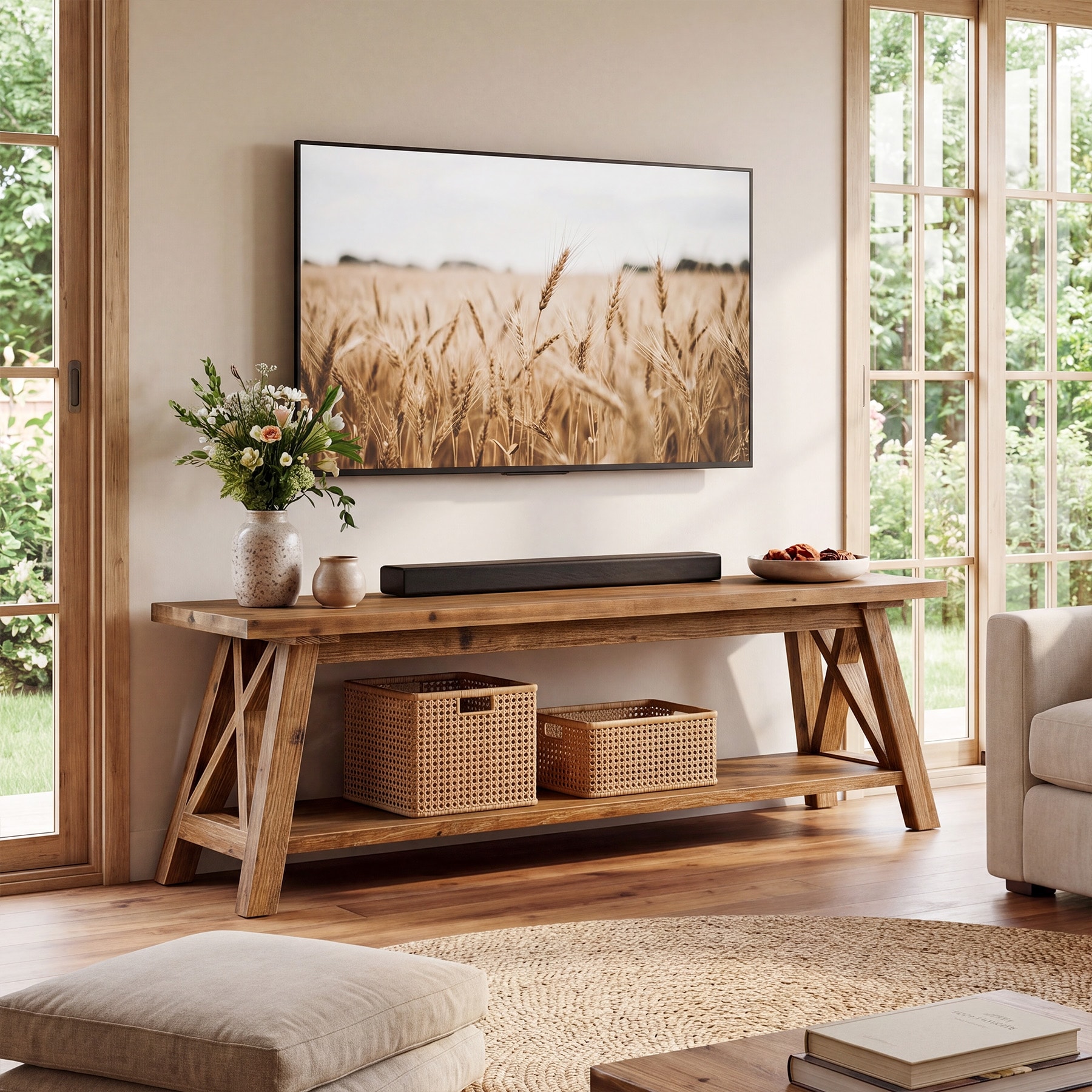 Solid Wood TV Stand for 55/60/65-Inch TVs, 55" Entertainment Center with Open Shelf, Media Console Table