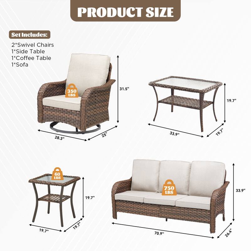 Cavira 5-Piece Outdoor Patio Brown Wicker Conversation Set with Olefin Cushions