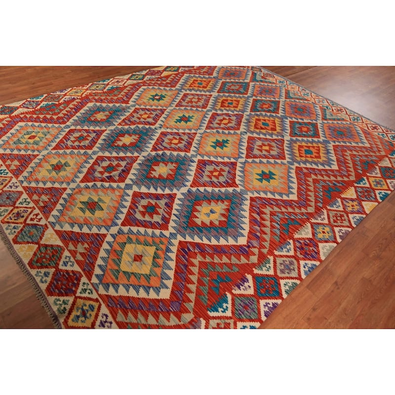 Colorful Kilim Oriental Area Rug Flatweave Wool Carpet - 8'1"x 9'11"