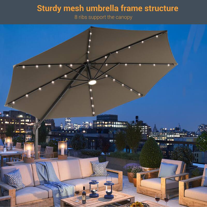 LIVOOSUN 11FT LED Cantilever Patio Umbrella 240g Solution-Dyed Fabric