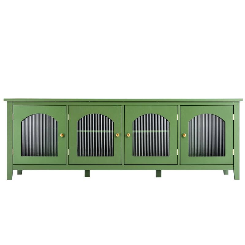 71" Modern TV Stand, Entertainment Center Media Console, Solid Wood Frame TV Cabinet with Changhong Glass Doors & Metal Handles