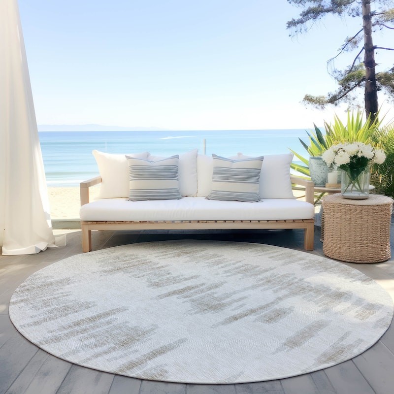 Machine Washable Indoor/ Outdoor Chantille Abstract Contemporary Rug - Ivory - 8' x 8'
