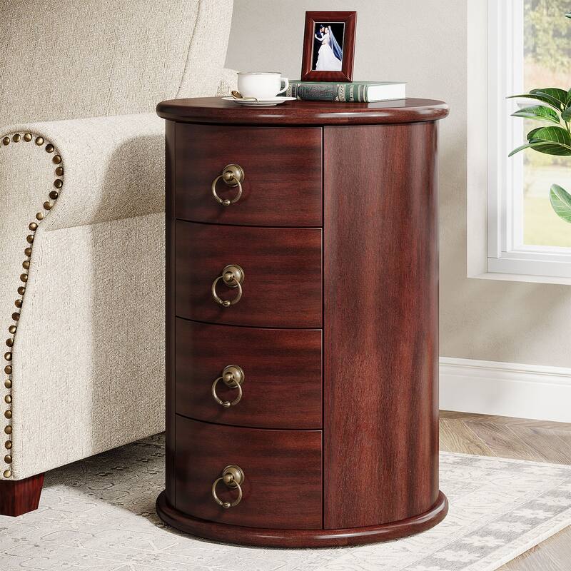 No Assembly Solid Wood End Table, Vintage Round Side Drawers Table - Cherry-1PC