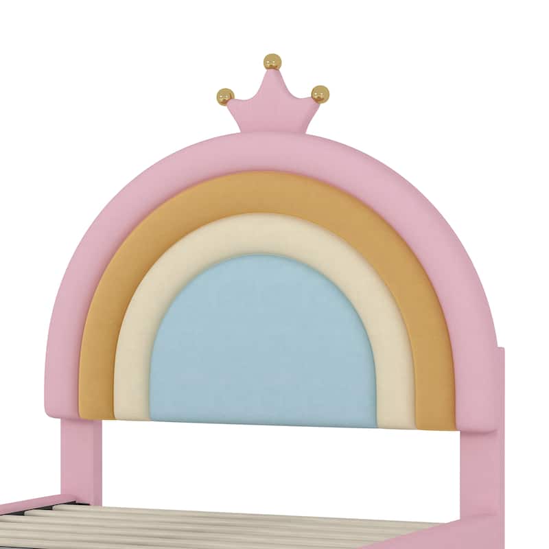 Arc Rainbow Headboard Upholstered Bed Frame, Velvet Princess Platform Bed with Storage Drawer, Wood Panel Bed