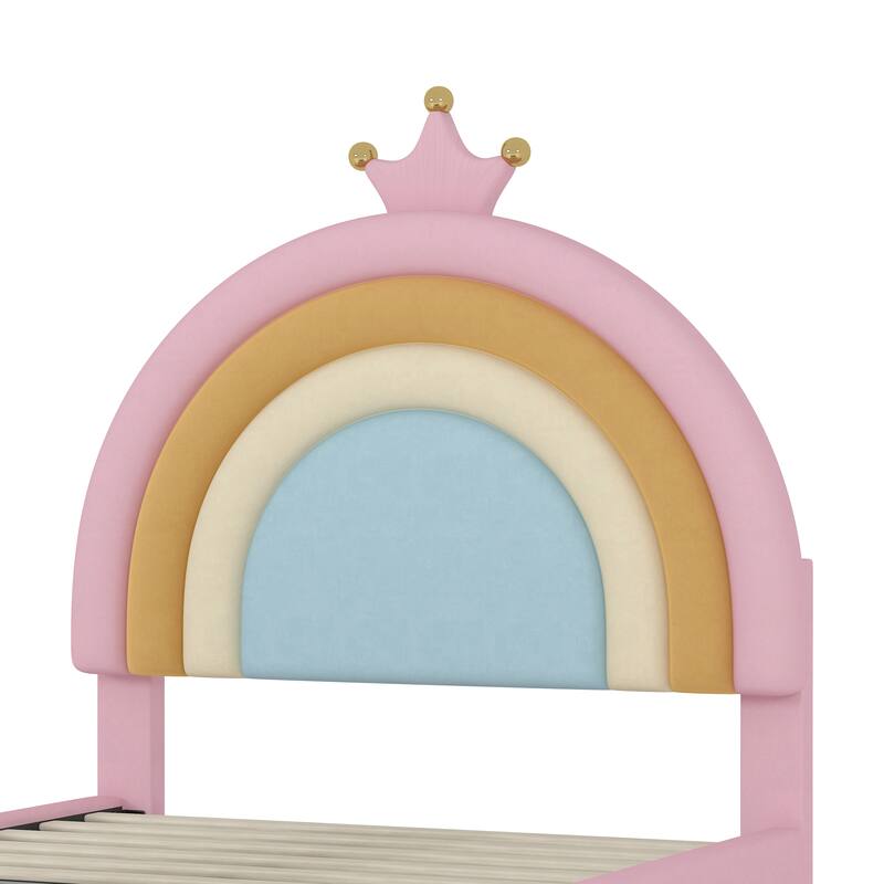 Roomfitters Twin/Full Size Upholstered Rainbow Design Bed, Velvet Princess Platform Bed with Storage Drawer