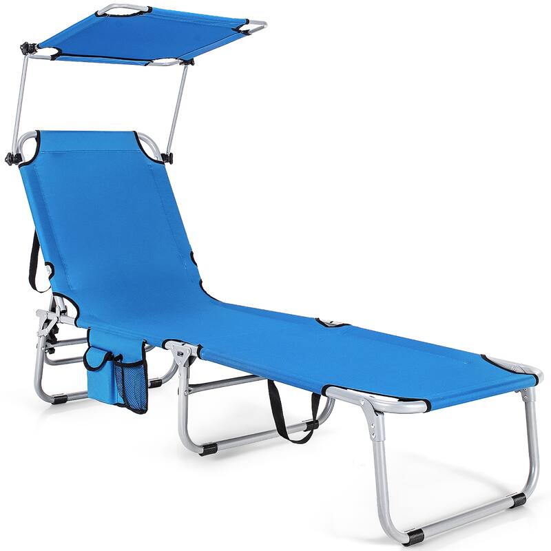 Folding Chaise Lounge Chair Adjustable Beach Patio Recliner - Blue