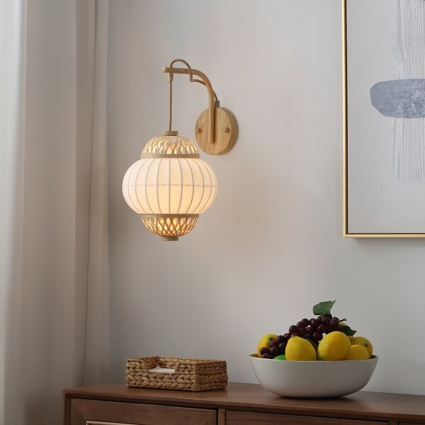 Hikari Natural Wood Grain Wall Sconce with Silk Shade 13.63 x 9.13 Beige White
