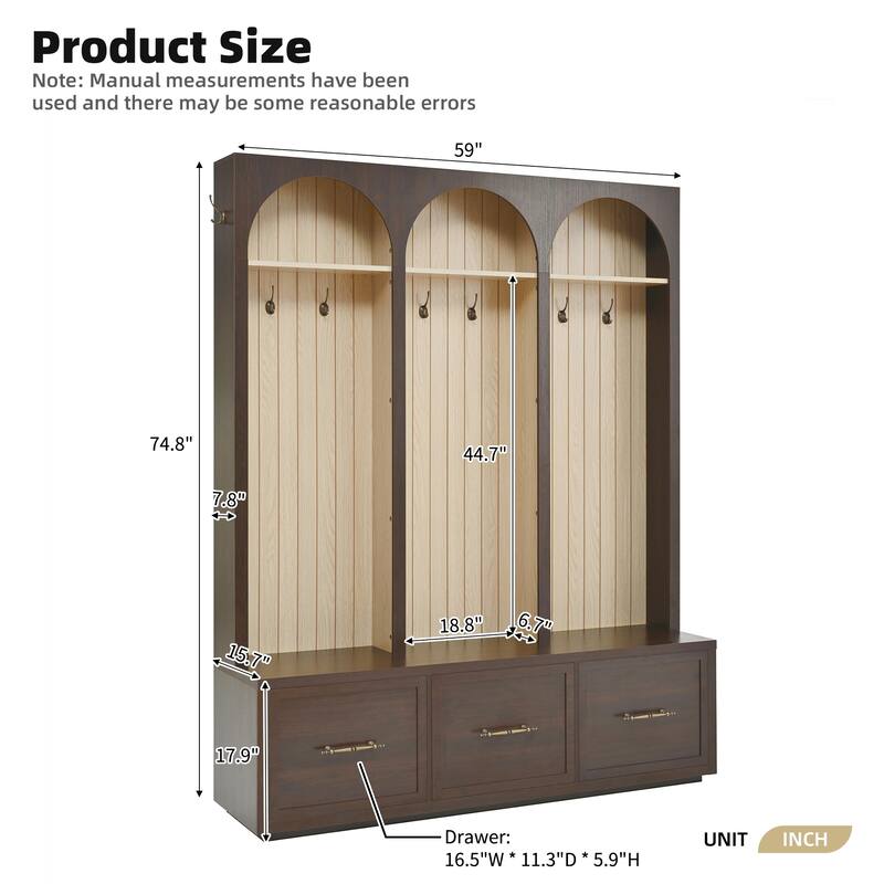 Farmhouse Hall Tree Bench with Arched Design, 8 Hooks & 3 Storage Drawers, 59" Wide Entryway Coat Rack