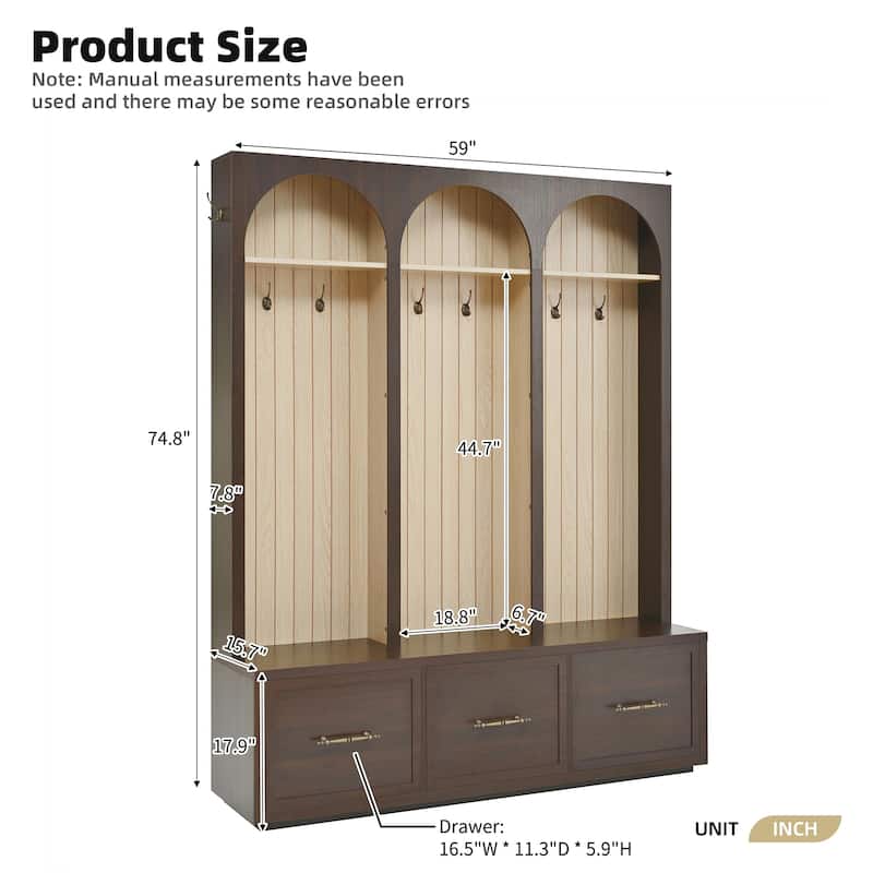 Hall Tree With Arched Design,Entryway Bench With 8 Retro Hooks,Rustic Coat Rack & Shoe Organizer With 3 Drawers