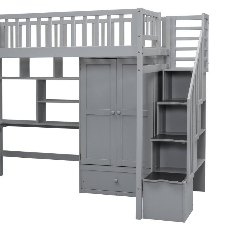 Stairway Twin Loft Beds Wood Loftbed Frame w/Wardrobe, Desk & Storage