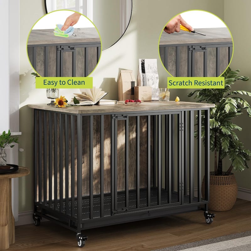 Dog Crate Furniture, 39 Inch Rolling Indoor Dog Crate with Potty Tray