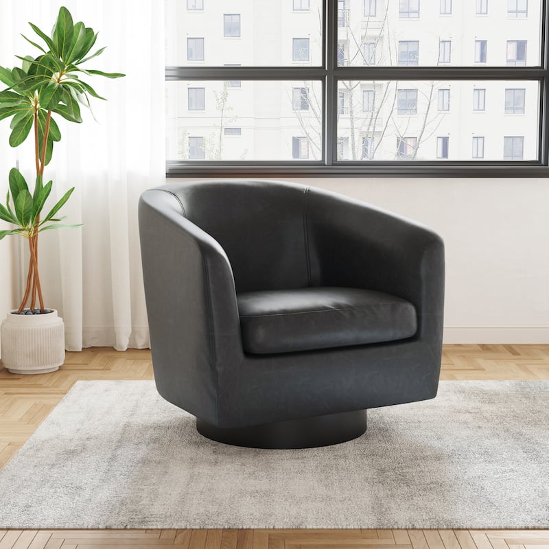 Faux Leather Wide Seat Swivel Barrel Chair - Single - Black