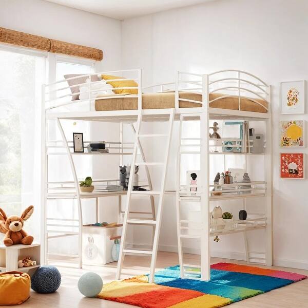 slide 2 of 20, Full Size Loft Bed with 4 Layers of Shelves, L-shaped Desk, White White