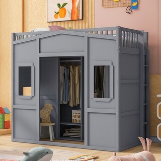 Grey Twin Size Solid Wood House Loft Bed with Ladder & Wardrobe