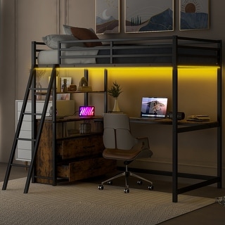 Twin Size Metal&Wood Loft Bed with Desk and Shelves, 2 Built-in Drawers, LED Light and USB Charging Station, Black