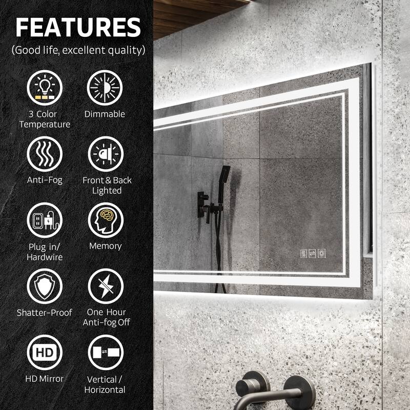 Yulika Front Backlit Lighted Wall Mirror Rectangle Dimmable Vanity Mirror with Anti-Fog & Memory Function