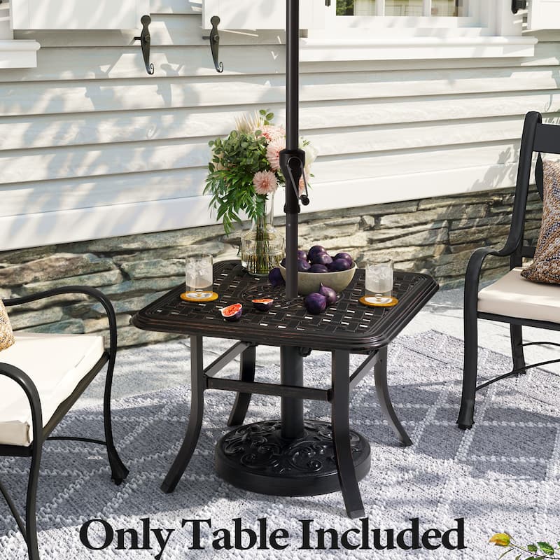 Cast Aluminum Patio Side Table Outdoor Square Table with Umbrella Hole - 24.02" L x 24.02" W x 17.52" H