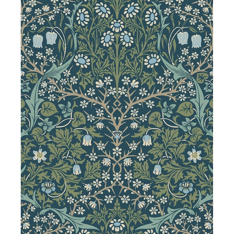 Seabrook Designs Victorian Garden Floral Prepasted Wallpaper - 20.9 in. W x 33 ft. L - Prussian Blue & Moss Green